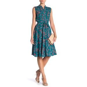 Nanette Lepore Midi Dress Womens 12 Teal Floral Pintuck Pleat Cottage Romantic